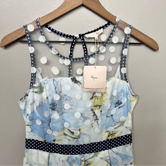 RYU Anthropologie Tulle Fit and Flare Floral Dress Mesh Polka Dot Overlay NWT - Picture 2 of 13